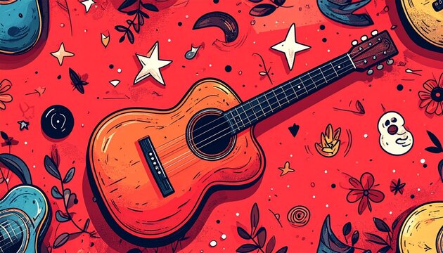 Seamless guitar pattern, doodle and hand-drawn line art style, vector illustration, red music-themed background.