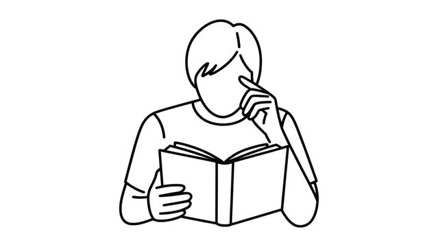 young person reading book line art vector illustration with thoughtful expression minimalist education learning concept for study literacy knowledge and academic design