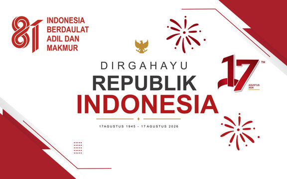 Modern Indonesia 81st Independence Day banner featuring the National Monument, Garuda emblem, red and white ribbons, and patriotic typography for August 17 celebrations and events.