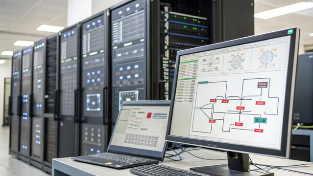 Server room with computer monitors displaying network diagrams and data analysis. environment is high tech and organized, emphasizing digital