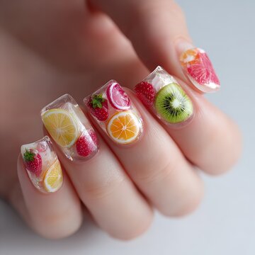 Trendy Clear Jelly Acrylic Manicure with Encapsulated Summer Fruit Slices, Kiwi, Strawberry, Orange, and Lemon Nail Art on Medium Squoval Fingernails
