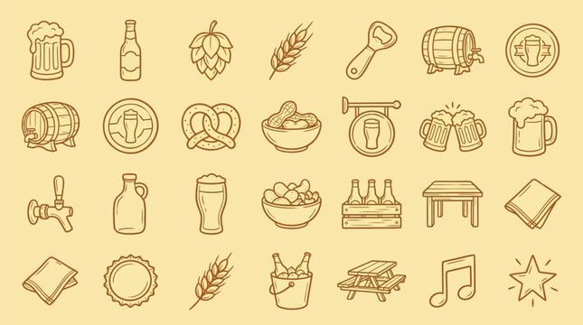 Collection of hand-drawn icons representing beer and pub elements, perfect for menus or decorations.