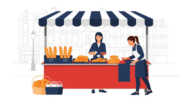 Flat vector illustration of a traditional French bakery market stall with striped awning featuring two women, fresh baguettes, artisan bread loaves, and city street background.