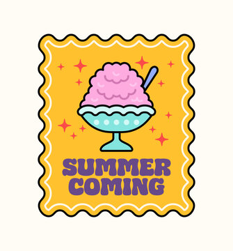 Summer coming ice cream dessert badge cartoon illustration vector