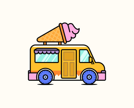 Ice cream truck with a giant cone on the roof for summer, dessert, street food, kids, and mobile food business concepts cute hand drawn illustration vector for icon or sticker design