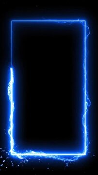 Glowing blue neon rectangular frame with electric energy pulses on black background