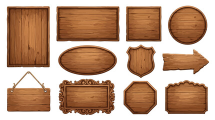 Plakat Rustic wooden signs collection, 11 vintage wood planks and boards, brown timber frames for banners and UI game design, isolated vector set