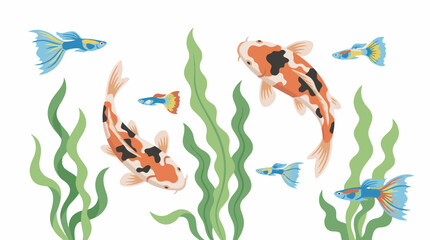 Obraz premium Vibrant Koi Carp and Guppy Fish Swimming Together Among Lush Aquatic Seaweed Plants in a Peaceful Underwater Illustration