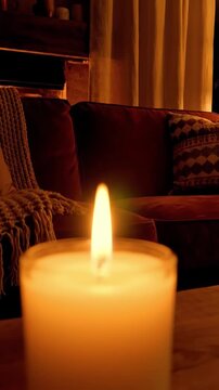 Glowing candle on a wooden table in a cozy living room with warm soft light and comfortable sofa
