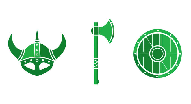 Viking helmet battle axe and round shield silhouettes