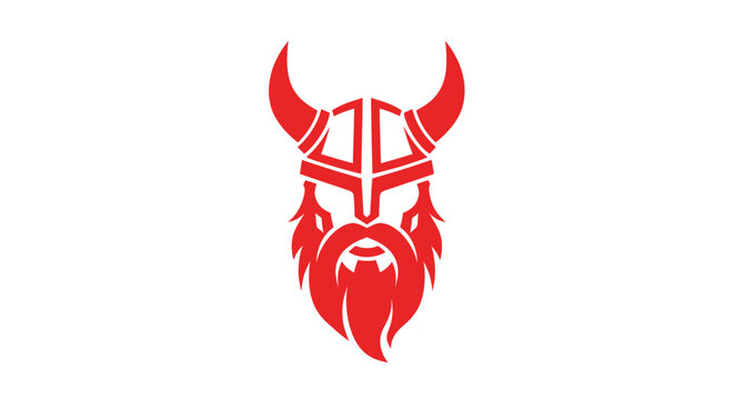 Viking warrior head in red with horned helmet and beard