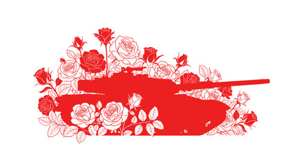 Red military tank silhouette surrounded by blooming roses © cicik