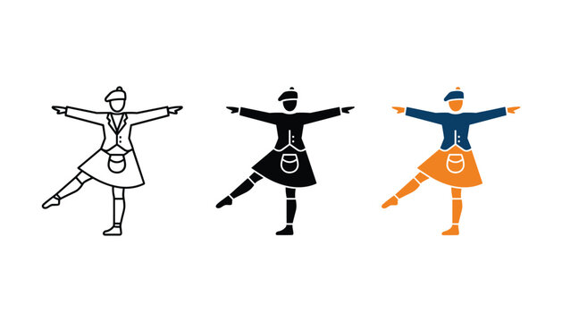 Scottish highland dancer performing traditional routine in kilt and beret displayed as line art solid black silhouette and modern flat color vector illustration icons for cultural events and heritage