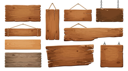 Rustic wooden sign collection, vintage wood plank banners with ropes and chains, set of 10 blank timber boards for western or farm signage © gulshan