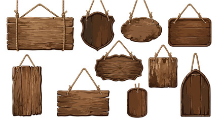 Rustic wooden hanging signs set, vintage dark wood planks with ropes, 10 blank timber boards for western or medieval tavern signage © gulshan
