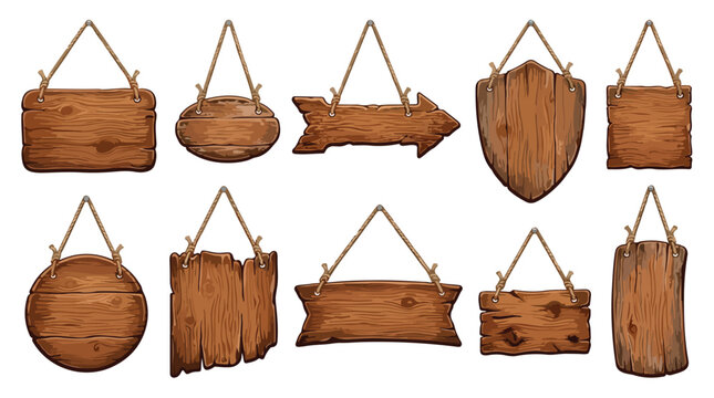 Rustic wooden hanging signs collection, 10 brown timber planks with ropes, vintage wood boards for game UI and western signage, blank textured banners