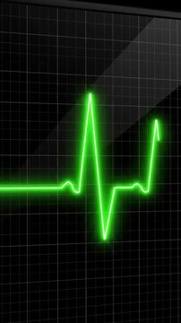 Glowing green EKG heartbeat line pulsing across a dark grid background for cardiology concept
