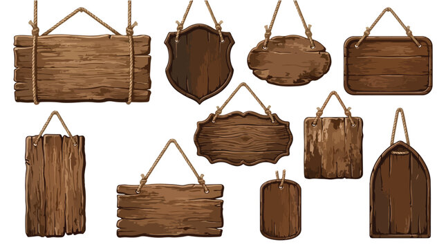 Rustic wooden hanging signs set, vintage dark wood planks with ropes, 10 blank timber boards for western or medieval tavern signage