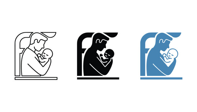 Parent holding newborn baby in arms vector icon set for childcare and family support services or maternity and pediatric healthcare promotional materials and digital informational graphic designs