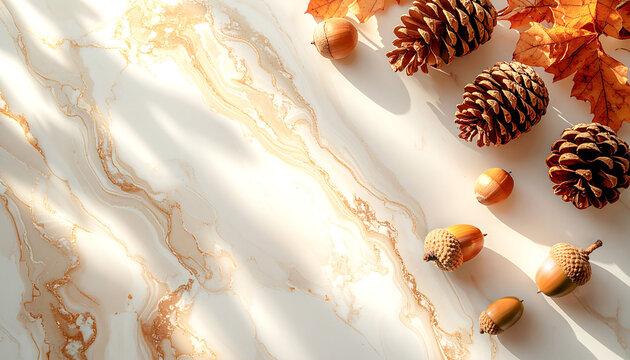 Elegant Autumn Flat Lay with Pinecones and Acorns on a Gold Marble Background with Sunlight