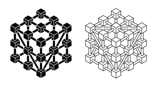 Two isometric cube grid structures rendered in solid black and thin white line art style representing complex geometric connections on a clean crisp white background