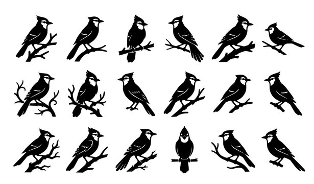 Minimal Blue Jay Bird Silhouette Icon Pack Featuring Elegant Perched Wildlife Vector Symbols