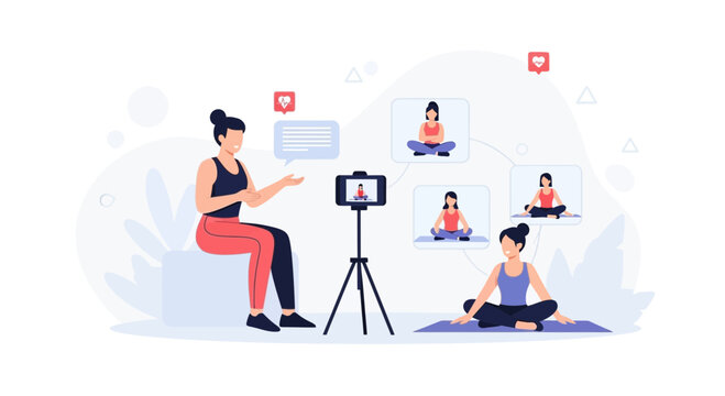 Woman leading online yoga class via video streaming, demonstrating poses and interacting with viewers