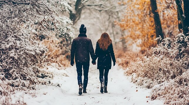 Couple walking together holding hands on a snowy forest path during a cold winter day with soft falling white snowflakes