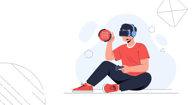 Young Man Immersed in Virtual Reality Gaming with VR Headset and Controller, Futuristic Technology Concept