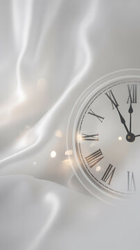 Roman numeral clock face with metallic hands and a flowing white fabric background time hour minute second silver