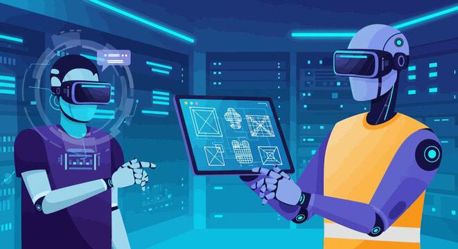 Robot and human interacting in virtual reality technology.