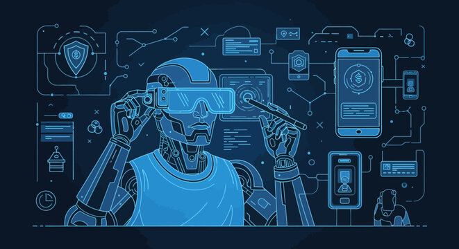 Robot wearing virtual reality headset interacting with digital interface.