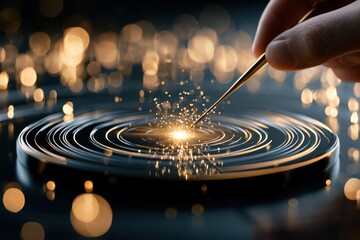 Obraz premium Precision instrument touching a glowing concentric ripple surface