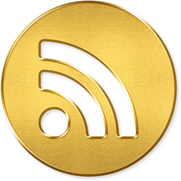 Rss feed subscribe icon with gold metallic 3D coin badge for RSS feed, blog subscribe, news update, content stream, syndication feed on transparent background