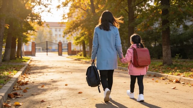 Loving mother escorting daughter to school, rear view, outdoor sidewalk, parenting and childhood concept