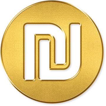 Israeli shekel currency icon with gold metallic 3D coin badge for shekel, Israeli currency, ILS, Israel money, currency symbol on transparent background