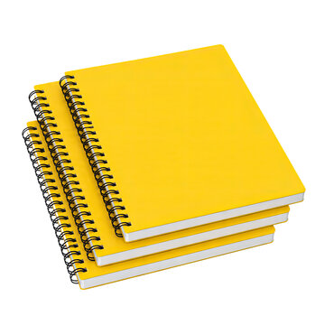Set of Three Yellow Spiral Notebooks Mockup Isolated on Transparent Background Premium Stationery 3D Illustration, Generative AI