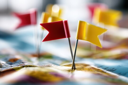 Red and yellow flag push pins marking locations on a world map