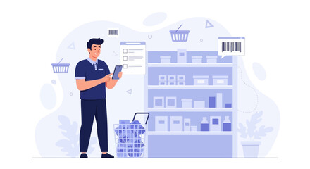 Naklejka premium Customer Using Smartphone in Supermarket for Shopping, Scanning Barcodes, and Making Lists