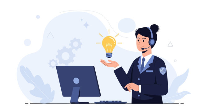 Customer Service Representative with Idea Lightbulb and Computer - Vector Illustration