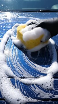 Hand in black glove washing blue car hood with yellow sponge and thick white soap foam outdoors