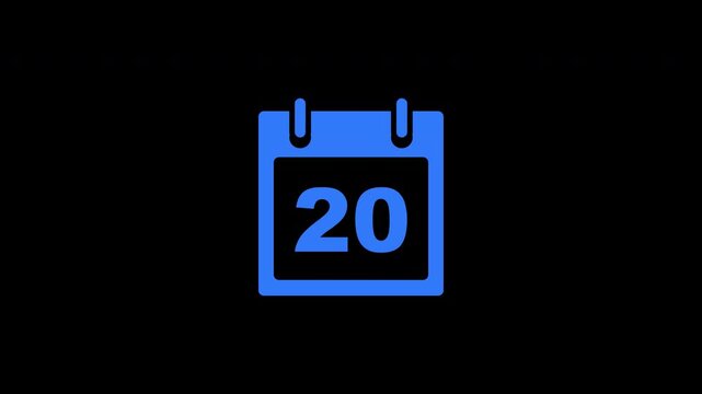 Calendar Date 20 Day Countdown Monthly Organizer Blue Transparent Alpha Channel Reveal Animation