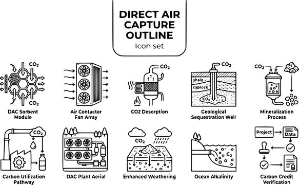 Direct Air Capture and Carbon Removal Outline Icon Set with DAC Sorbent Module, Sequestration Well and Carbon Credit, 10 Icons Editable Vector Line Art