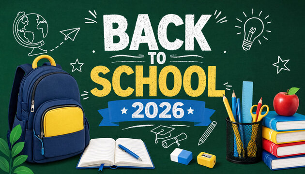 Back to School 2026 Chalk Art Backpack Graphic with Stationery