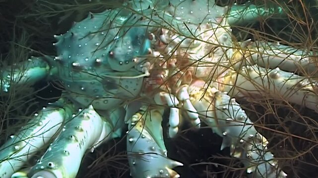 Observe a grand Red King Crab Paralithodes Camtschaticus in the frigid, dark underwater realm of the Arctic. Its impressive size and spiky exoskeleton are clearly visible in this detailed view.