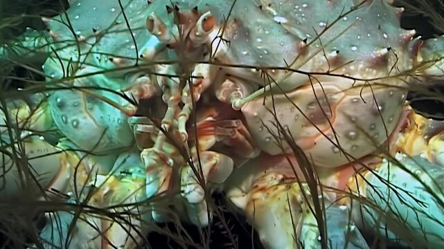 An intimate view reveals the formidable Red King Crab, Paralithodes Camtschaticus, amidst sparse vegetation in the chilling Arctic ocean. Observe its robust form and intricate patterns.