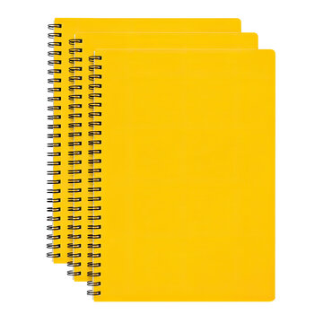 Set of Three Yellow Spiral Notebooks Mockup Isolated on Transparent Background Premium Stationery 3D Illustration, Generative AI