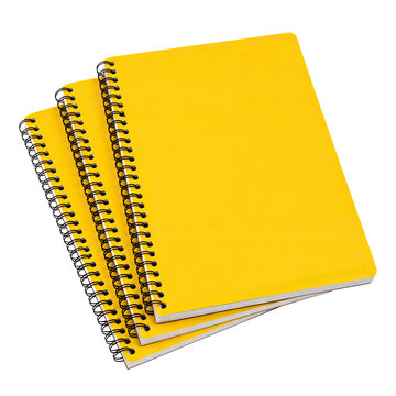 Set of Three Yellow Spiral Notebooks Mockup Isolated on Transparent Background Premium Stationery 3D Illustration, Generative AI