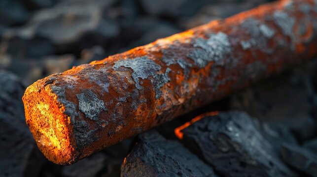 Aged iron nail shaft rust pitted close up
