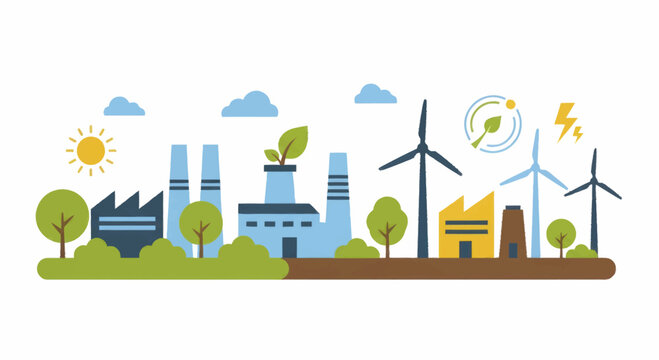 Sustainable Industrial Landscape with Renewable Energy and Green Factories.